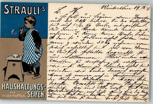 Winterthur Sträuli Haushalt Seife und Kind mit Seifenblasen Art Nouveau Werbung Kosmetik 1907