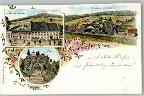 09623 O9213 Rechenberg-Bienenmühle Lithographie Gasthaus zum Erbgericht Konzertsaal Felsen