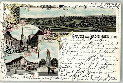 Gröningen 1899 Marktplatz Stadkirche Kriegerdenkmal Gasthaus zum Deutschen Haus