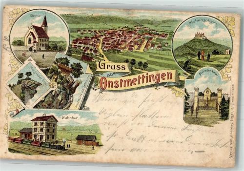 Onstmettingen 1901 Lithographie Hahndenkmal Bahnhof Schutzhütte Schloß Hohenzollern Hängender Stein