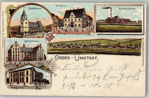 64823 W6114 Groß-Umstadt 1902 Lithographie Amtsgericht Realschule Stadtkirche Zuckerfabrik Rathaus