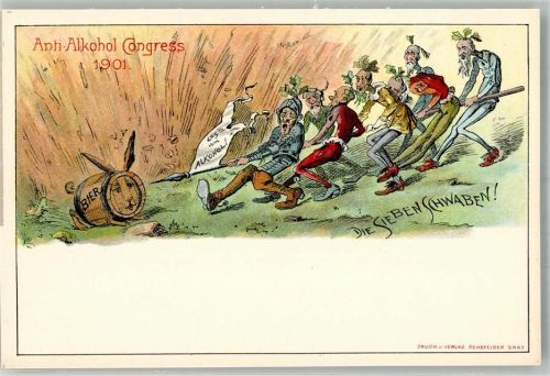 Kongress 1901 Humor Bierfass gegen die sieben Schwaben Antialkohol 1899 Lithographie / Künstlerkarte