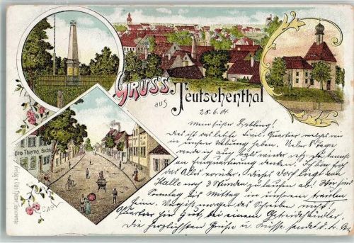 Teutschenthal 1901 Lithographie Kriegerdenkmal Dorfkirche Dorfstraße