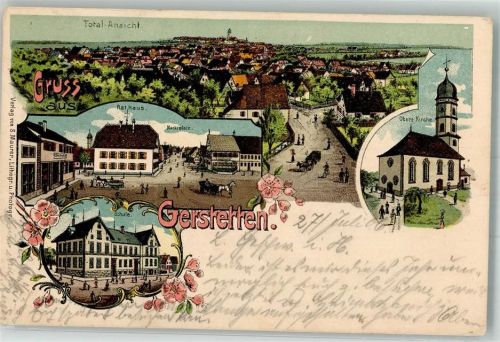 89547 W7929 Gerstetten , Württ 1906 Lithographie Marktplatz Rathaus Schule Obere Kirche