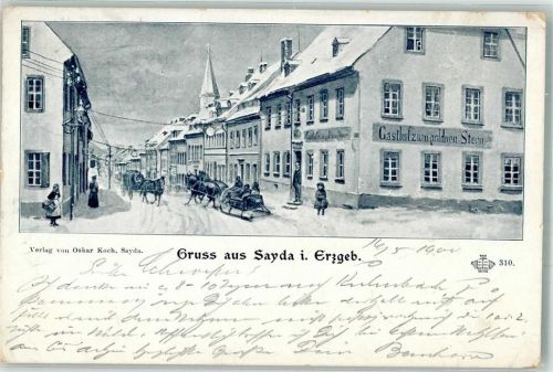 Sayda 1900 Gasthaus zum goldenen Stern Kutsche Pferdeschlitten Winter