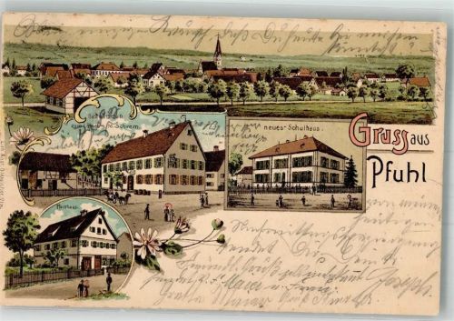 89231 W7910 Pfuhl 1907 Gebrauchsspuren Lithographie Gasthaus zum Löwen Pfarrhaus Neues Schulhaus