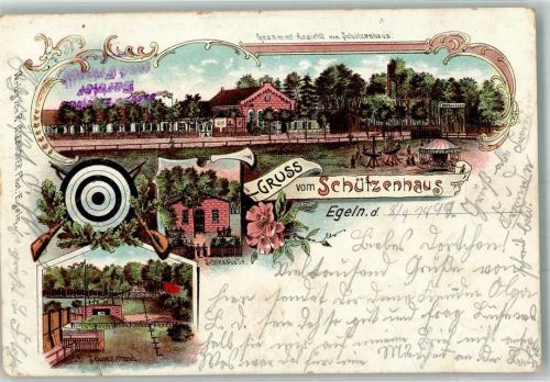 Egeln 1898 Lithographie Gasthaus Schützenhaus Schiesshalle Schiessstand