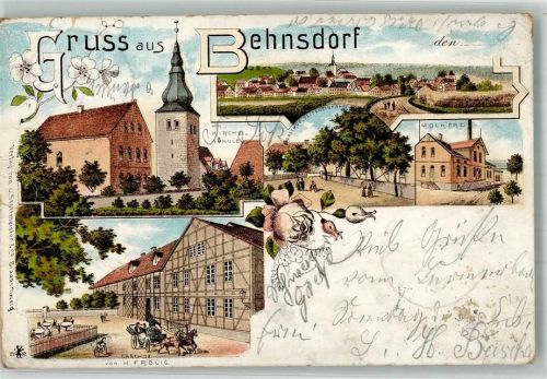 39356 O3241 Behnsdorf 1899 Gebrauchsspuren Lithographie Gasthaus Frölig Dorfkirche Schule Molkerei