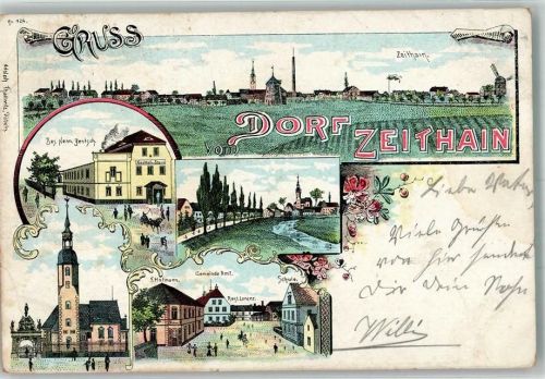 Zeithain 1900 Lithographie Windmühle Kirche Gasthaus zum Stern Gemeinde-Amt Gasthaus Lorenz