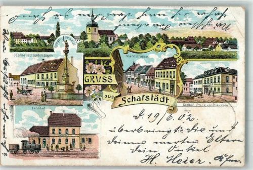 Schafstädt 1902 Lithographie Gasthaus zum goldenen Löwen Bahnhof Marktstraße Gasthaus zum Prinz von Preussen Stauchung