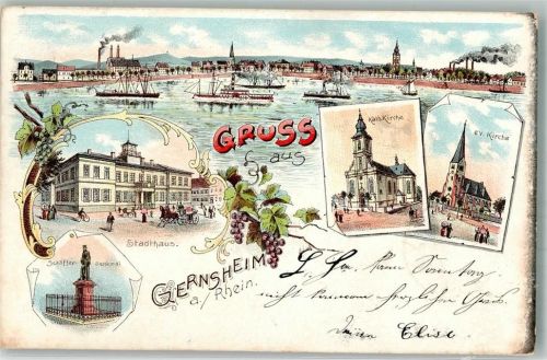 Gernsheim 1900 Schöffer-Denkmal Kath. Kirche Grossherzgl. Realschule Stadthaus Rheinschifffahrt