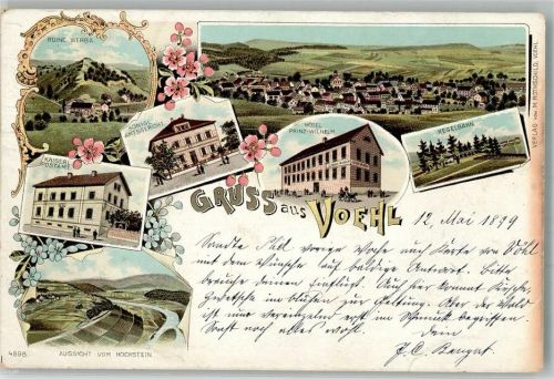 34516 W3546 Vöhl 1899 Lithographie Kais. Post Hotel Prinz Wilhelm Kgl. Amtsgericht Kegelbahn Ruine Werba