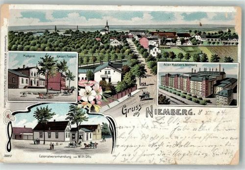 Niemberg 1904 Lithographie Molkerei Kais. Post Kolonialwaren Otto Malzfabrik Niemberg Erh. II- Stauchung u. Einriss Abschürfungen VS