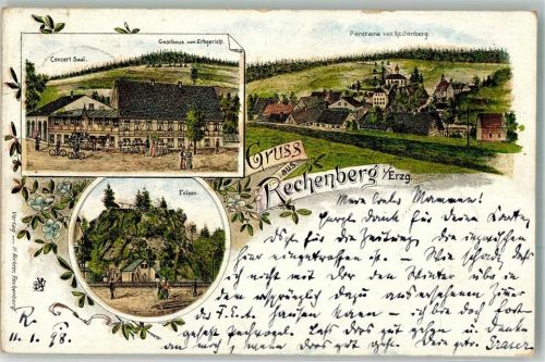 09623 O9213 Rechenberg-Bienenmühle 1898 Lithographie Gasthaus zum Erbgericht Konzertsaal Felsen Aussichtsplateau