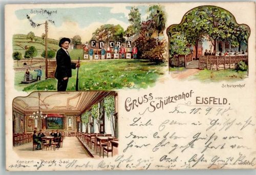 98673 O6120 Eisfeld 1898 Lithographie Gasthaus Schützenhof Konzert- und Theatersaal Schießstand Bahnpoststempel