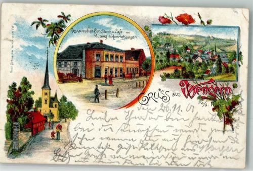 58300 W5802 Wengern , Ruhr 1900 Lithographie Gasthaus-Cafe und Konditorei Rüping & Homrighausen Kirche