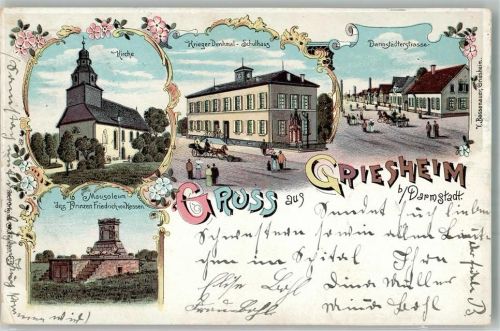 Griesheim 1899 Mausoleum des Prinz Friedrich von Hessen Kriegedenkmal-Schulhaus Darmstädterstraße Bahnpost Darmstadt-Worms Zug 563
