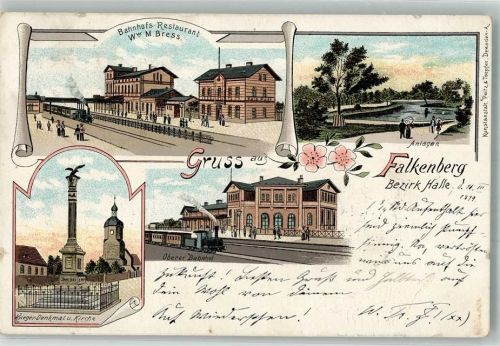 Falkenberg 1899 Bahnhof Bahnhof-Gasthaus Kriegerdenkmal Parkanlagen