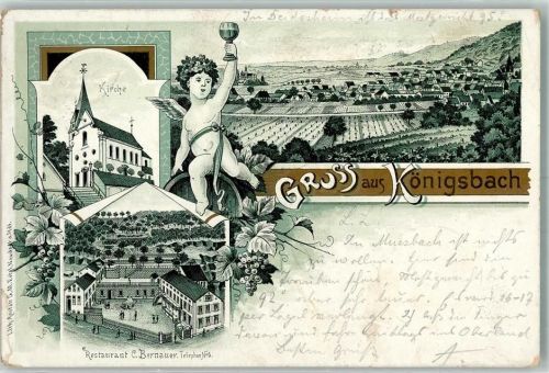 67433 W6730 Königsbach an der Weinstraße 1902 Lithographie Engelputto Gasthaus Bernauer Dorfkirche