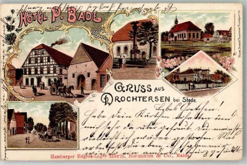 21706 W2168 Drochtersen Lithographie Gasthaus Bade Dorfstraße Denkmal Kirche