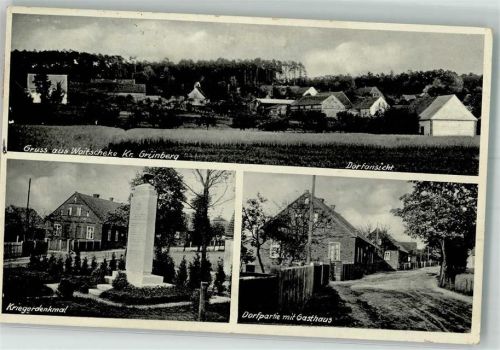 Grünberg 1930 Woitscheke Kriegerdenkmal Gasthaus Dorfansicht Bahnpost Berlin-Breslau Zug 31