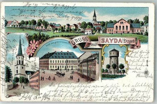 09619 O9215 Sayda 1902 Lithographie Hotel zum goldnen Löwen Wasserturm