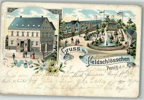 Penig 1906 Gasthaus Feldschlößchen Konzertgarten Springbrunnen