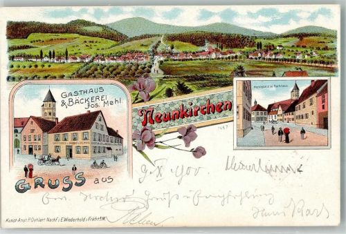 91077 W8524 Neunkirchen a. Brand 1900 Lithographie Gasthaus-Bäckerei Mehl Marktplatz Rathaus