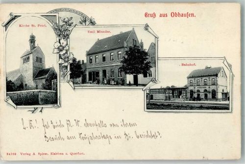 Obhausen 1917 St. Petri-Kirche Geschäftshaus Minnder Bahnhof
