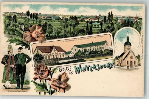 04610 O7406 Wintersdorf b Meuselwitz, Thür Lithographie Tracht Altenburger Bauernpaar Kindergarten Zigarrenfabrik Hülsemann