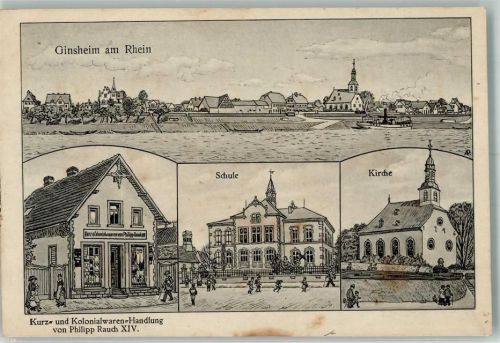 65462 W6095 Ginsheim-Gustavsburg 1918 - Kurz- und Kolonialwaren-Handlung Rauch Schule Kirche