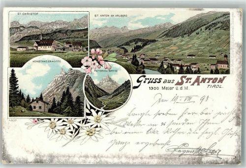6580 St. Anton am Arlberg 1898 Lithographie Konstanzerhütte St. Christof