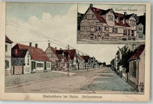 65474 W6094 Bischofsheim b Rüsselsheim Künstlerkarte Mainzerstraße Kaufhaus Schnabel sign. A.P.