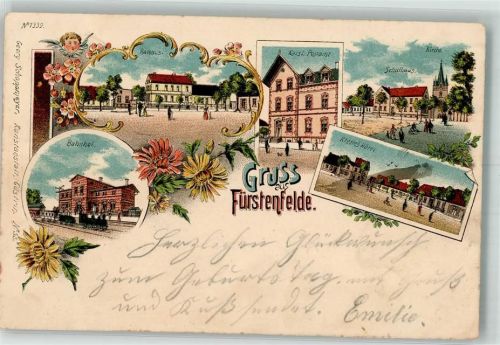 Fürstenfelde Boleszkowice 1898 Lithographie Rathaus Postamt Kirche Bahnhof Hotel
