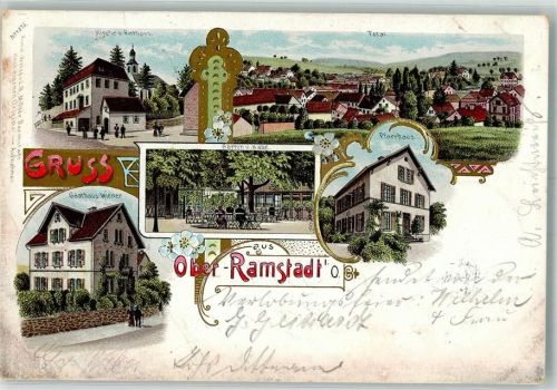 Ober-Ramstadt 1902 Gasthaus Wiener Garten Halle Kirche Rathaus Pfarrhaus