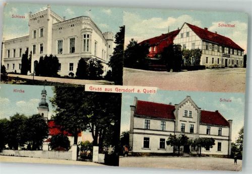 Gersdorf am Queis Gieraltów 1912 Foto AK Schloss Kirche Schule Scholtisei Gasthaus Bahnpost Lauban-Kohlfurt