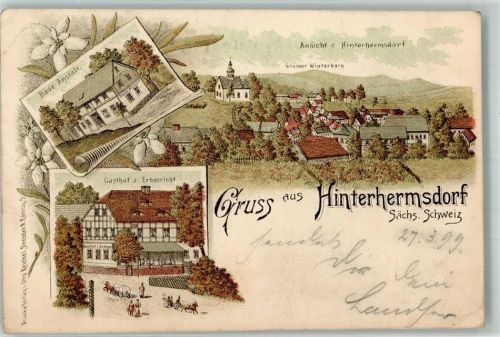01855 O8361 Hinterhermsdorf 1899 Lithographie Bade-Anstalt Gasthaus zum Erbgericht Großer Winterberg