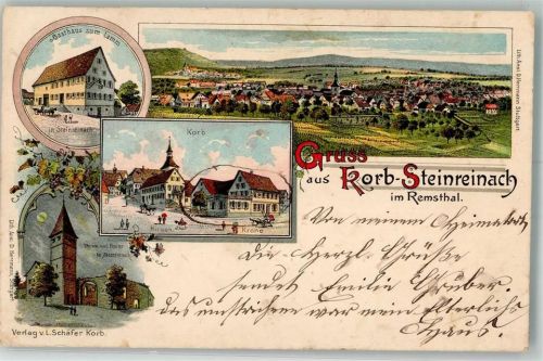 71404 W7054 Korb , Remstal 1899 Lithographie Gasthaus zum Lamm Turm und Ruine Steinreinach Gasthaus Hirsch Gasthaus Krone