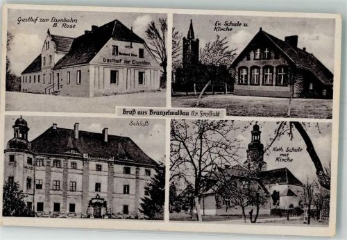 Brunzelwaldau 1941 Schloss Kath. Kirche Gasthaus zur Eisenbahn Landpost übert Freystadt