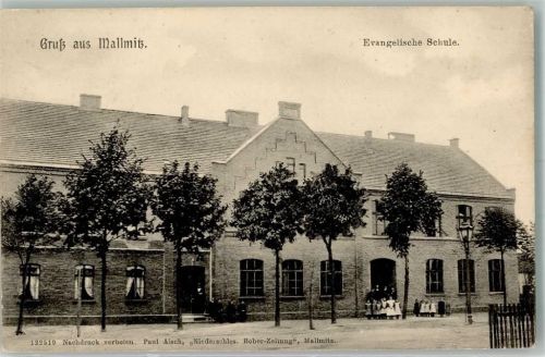 Mallmitz 1909 Ev. Schule Bahnpost Berlin-Breslau Zug 22