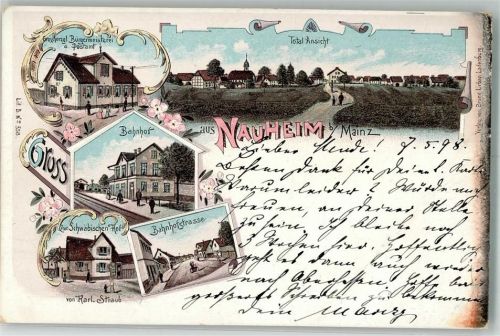 Nauheim 1898 Bahnof Grossherzogl. Bürgermeisteramt Gasthaus zum Schwäbischen Hof Bahnhofstraße