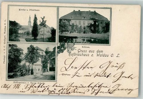 Waldau / Oberlausitz Wykroty 1901 Foto AK Kirche Schloss Brauerei Schade