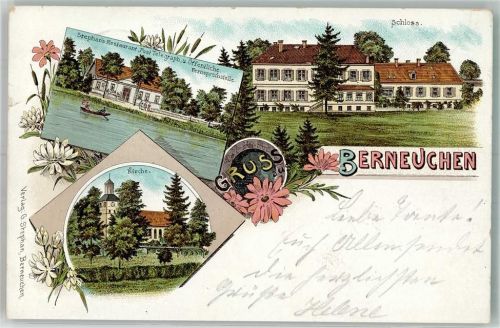Berneuchen Barnowko 1900 Lithographie Gasthaus Stephan Postamt Schloss Kirche