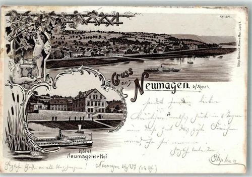 54347 W5507 Neumagen 1897 Lithographie Hotel Neumagener Hof Engelputtos Mosel Raddampfer