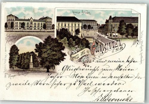 Gumbinnen Gussew 1897 Lithographie Kaserne Kriegerdenkmal Große Brücke