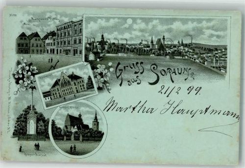 Sorau Zary 1899 Lithographie Ev. Kirche Kriegerdenkmal Marktplatz