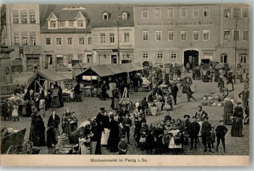 Penig 1913 Foto AK Wochenmarkt Marktszene Gasthaus zum goldenen Stern