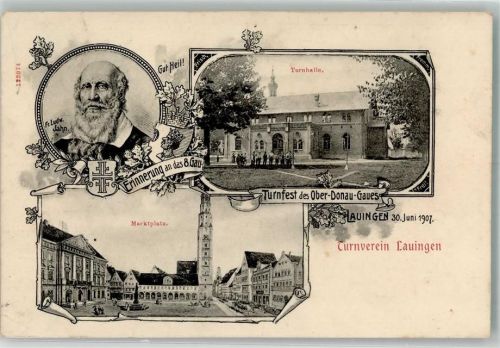 Lauingen 1907 Turnfest d. Ober-Donau-Gaues 1907 Portrait Turnvater Jahn Turnhalle Marktplatz