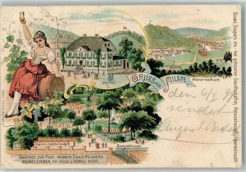 Milspe 1899 Lithographie Gasthaus zur Post Gartenanlage Faß Junges Mädchen