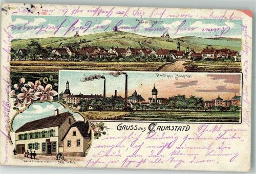 64560 W6086 Crumstadt , Hess 1909 Lithographie Warengeschäft Volk Philipps-Krankenhaus